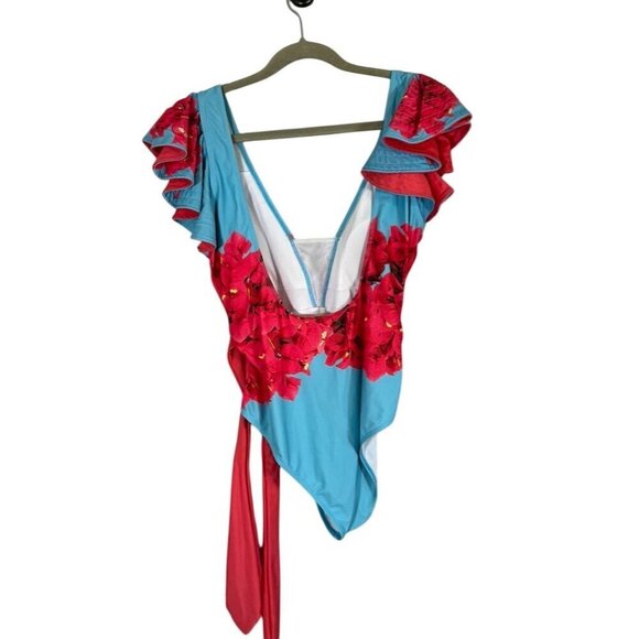 Floral Backless Bathing Suit XL Blue Flutter Feminine Chic Glam Preppy Dainty - Picture 11 of 15